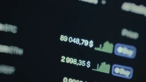 BTC and ETH prices displayed within a trading platform Stock Footage 327926006