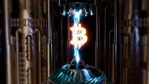 BTC, Bitcoin logo, steampunk machine with lightning bolts, Dynamic Camera Stock Footage 271083059