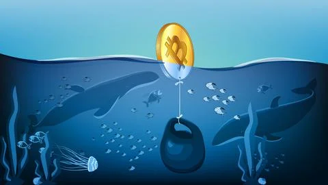 BTC coin is pulled to bottom of ocean with kettlebell where whales are waiting Stock Illustration