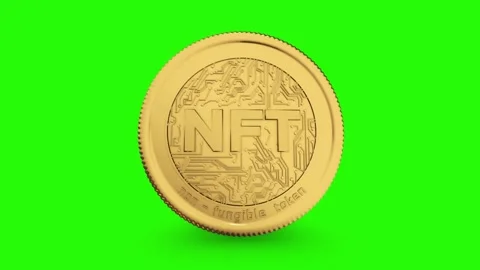 BTC ETH NFT crypto coins golden colored spinning over green background with Stock Footage 170132252