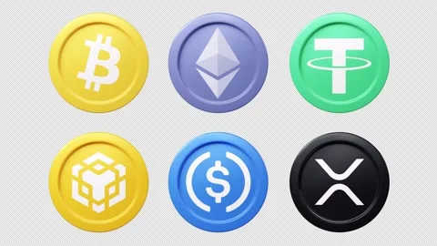 BTC ETH USDT BNB USDC XRP coin 3d rotage Cryptocurrency token seemless loop 動画素材 245448061
