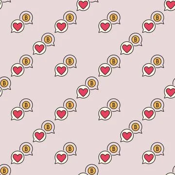 BTC with Heart in Speech Bubbles vector Bitcoin Investment colored seamless.. Stock Illustration