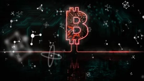 BTC pulsing, streaming, neon line powering, glyphs drifting on teal circuit Stock Footage 333774268