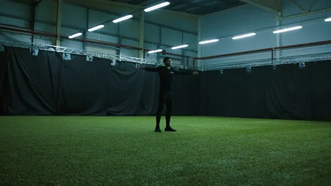 BTS - Actor is standing in T-pose for calibrating motion capture software Stock Footage 166022898