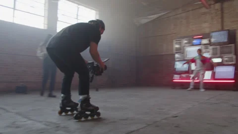 BTS Of Camera Guy Riding Roller Blades While Shooting Stock Footage 270327512
