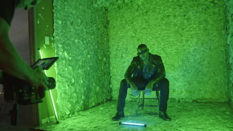 BTS Of Camera Guy Shooting Artist Sitting In Green Room Stock Footage 270330392