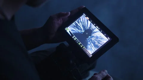 Bts of Camera Man Watching Playback of Astronaut Standing in Vortex Stock-Footage 270392935