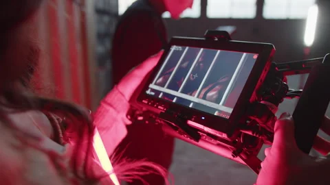 BTS Of Crew Holding Screen With Flashing Lights Video stock 270332058