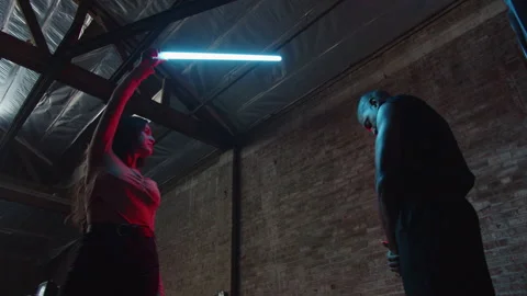 BTS Of Crew Holds Lighting While Camera Guy Gets Shot Of Artist Stock Footage 270331826