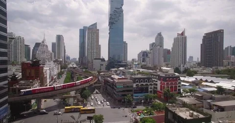 BTS Electric Sky Train In The Silom District Of Central Bangkok, Thailand, Stock Footage