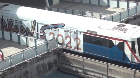 BTS sky train on rail at shopping distri... | Stock Video | Pond5