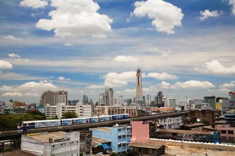 Bts sky train running on elevated rail Stock Photos