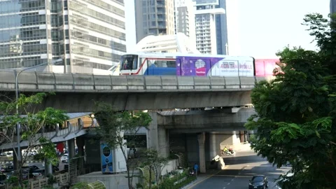 BTS skytrain in Bangkok Stock Footage 132088916