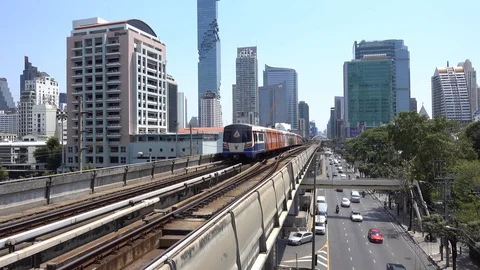 BTS Skytrain in Bangkok, passing train i... | Stock Video | Pond5