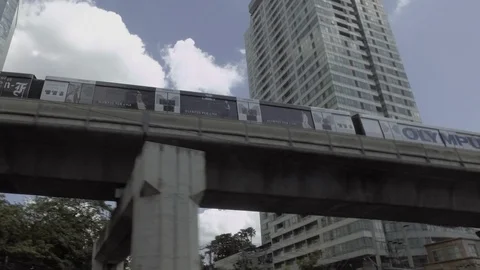 BTS Skytrain overhead in Bangkok Stock Footage 120012869