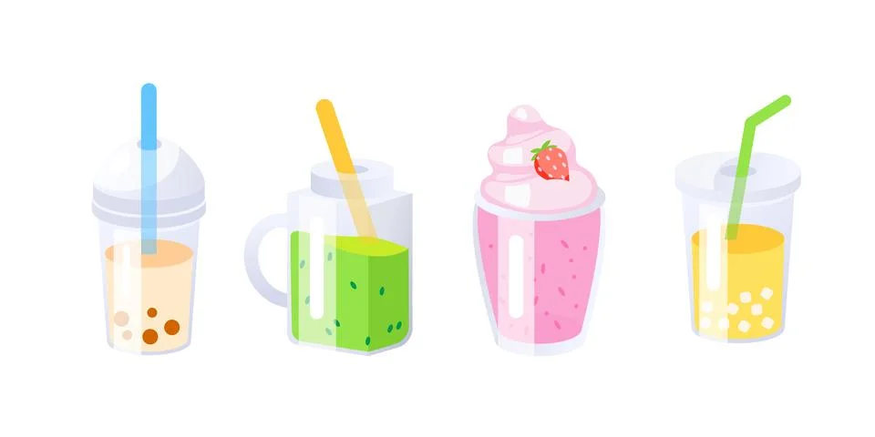 Bubble and Milk tea set. Juice cup. Tea tasty takeaway, tapioca splash bubble Stock Illustration
