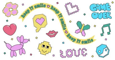 Bubble and Pixel Y2k retro sticker set. 90's trendy playful stickers and icon Stock Illustration