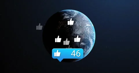 On bubble appearing 3D Earth rotating with thumbs-up icons floating and count Stock Footage 311140121