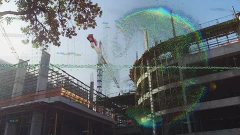 Bubble appearing, expanding particle waveform over construction, moving worker Stock Footage 332275527