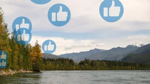 Bubble appearing over lakeshore starting blue thumbs-up icons rising, grouping Stock Footage 333735357