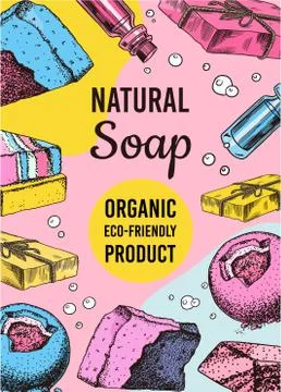 Bubble Bath soap poster or banner. Washing hands in vintage style. Homemade Stock Illustration