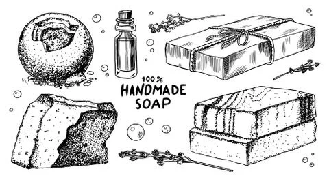 Bubble Bath soap set. Washing hands in vintage style. Homemade packaging. Foam Stock Illustration