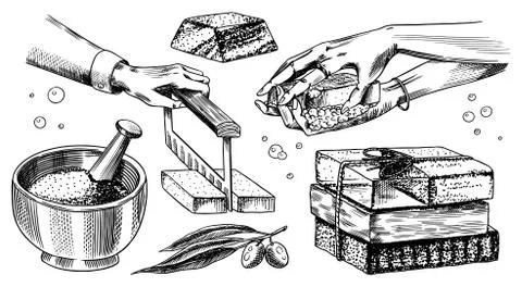 Bubble Bath soap set. Washing hands in vintage style. Homemade packaging. Foam Stock Illustration