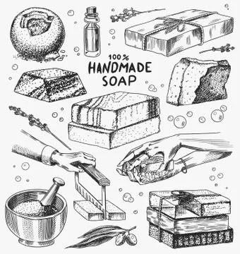Bubble Bath soap set. Washing hands in vintage style. Homemade packaging. Foam 库存插图
