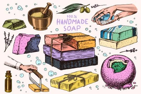 Bubble Bath soap set. Washing hands in vintage style. Homemade packaging. Foam Stock Illustration