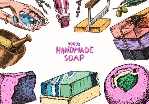 Bubble Bath soap set. Washing hands in vintage style. Homemade packaging. Foam 库存插图