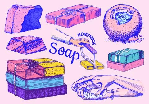 Bubble Bath soap set. Washing hands in vintage style. Homemade packaging. Foam 库存插图