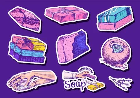 Bubble Bath soap sticker. Washing hands in vintage style. Homemade packaging Stock Illustration