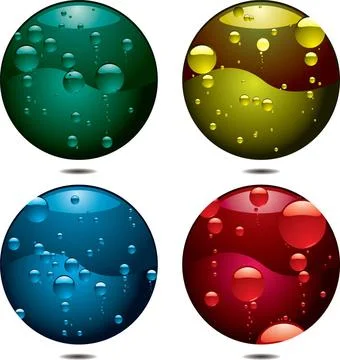 Bubble button Four buttons with different coloured bubbles all with drop s... Foto stock