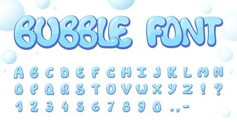 Bubble font alphabet with numbers and symbols, including floating bubbles Stock Illustration