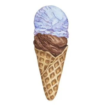 Bubble gum, blue moon, candy and chocolate ice cream scoops in waffle cone Ilustração Stock