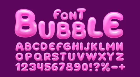 Bubble gum font, brush candy. English alphabet and numbers sign. Vector Stock Illustration