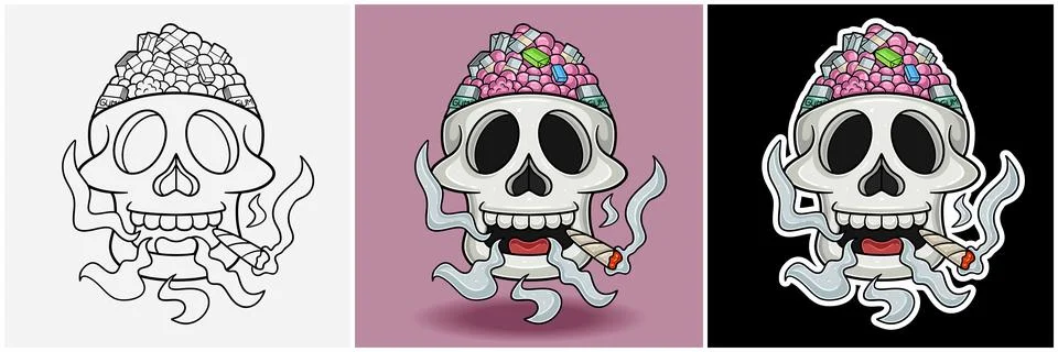 Bubble Gum Inside Skull Head With Smoking Character Cartoon. Black White, C.. Stock Illustration