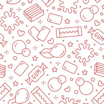 Bubble gum seamless pattern with flat line icons. Chewing candy in stick, pads Stock Illustration