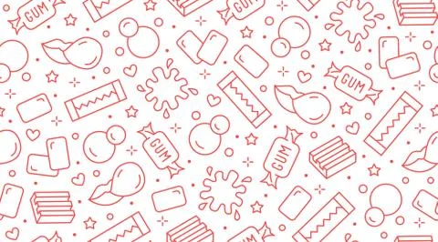 Bubble gum seamless pattern with flat line icons. Chewing candy in stick, pads Stock Illustration