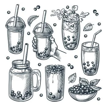 Bubble ice tea drinks set. Summer asian sweet beverages with tapioca pearls. Stock Illustration