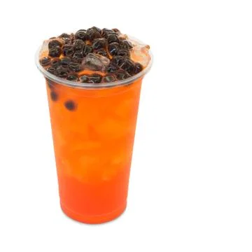 Bubble ice tea red plum in takeaway glass isolated on white background with c Foto stock