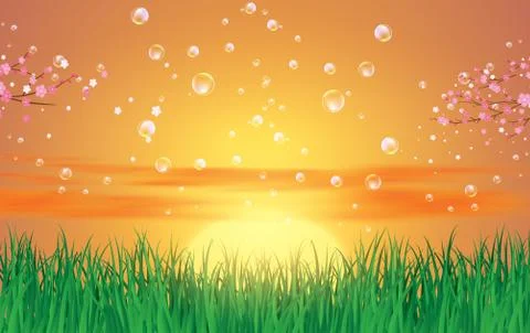Bubble on landscape of green grass in sunset Stock Illustration