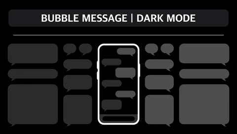 Bubble message and dark mode on black background. Set messages and phone. Stock Illustration