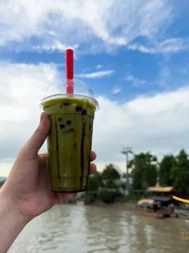 Bubble mil tea, iced matcha latte. Berry refreshing cocktail. Background with Stock Photos