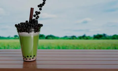 Bubble milk green tea in  a clear glass and brown straws placed on a wooden t Stock Illustration