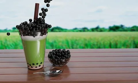 Bubble milk green tea in a clear glass and brown straws placed on a wooden .. Stock Illustration