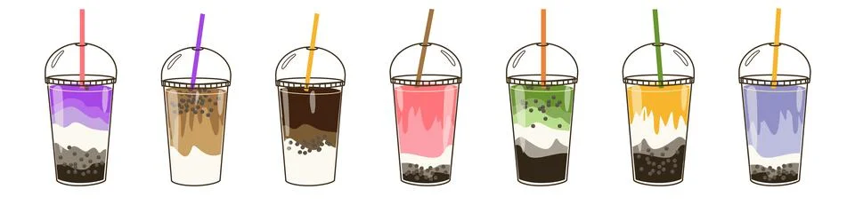 Bubble milk tea drink cups set. Vector doodle illustrations isolated Illustrazione stock