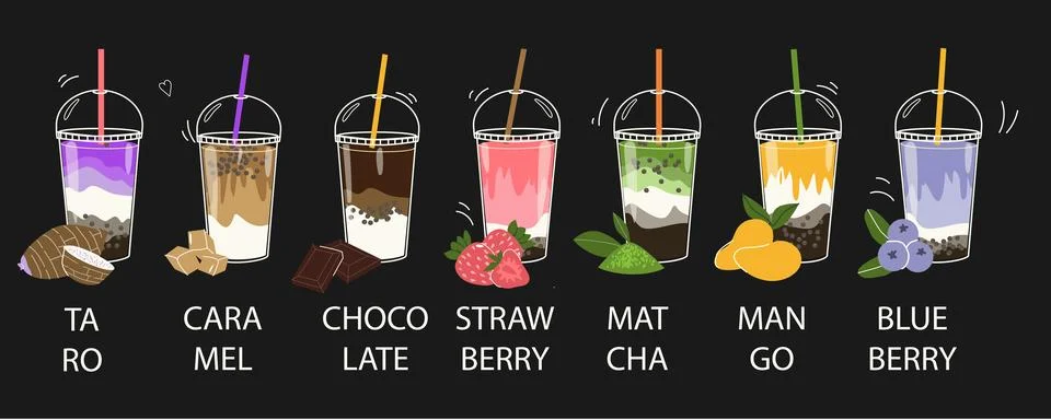 Bubble milk tea drink menu on black background. Doodle cartoon boba tea with Illustrazione stock