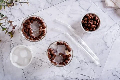 Bubble milk tea with ice in glasses on the table top view Stock Photos