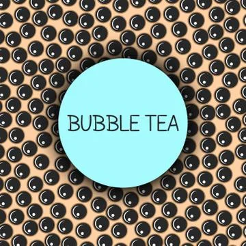 Bubble milk tea seamless pattern with blue round frame and text. 스톡 일러스트